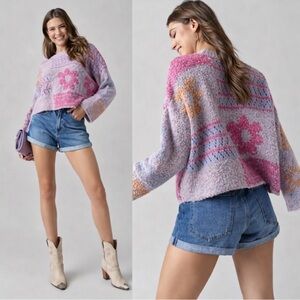 Moon & Madison Floral Patchwork Cropped Sweater ~ Boho Cottagecore Knit ~ Size S